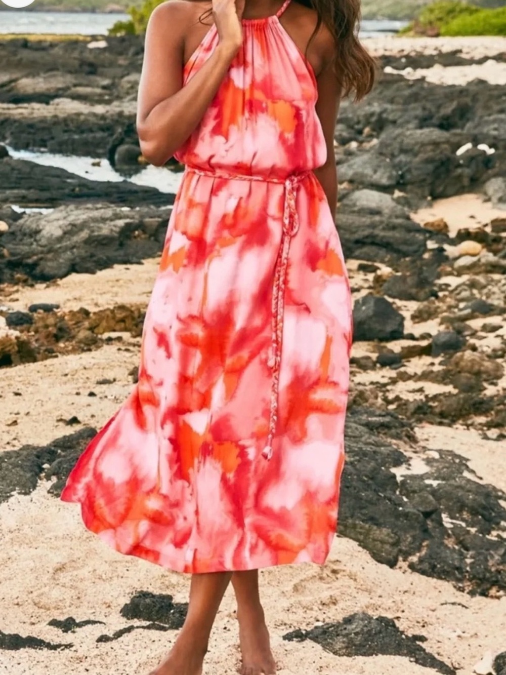 Vivid Coral Tie Dye Beach Maxi Dress